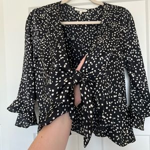 Black & Cream Cropped Top with Ruffle Sleeves & Tie Front